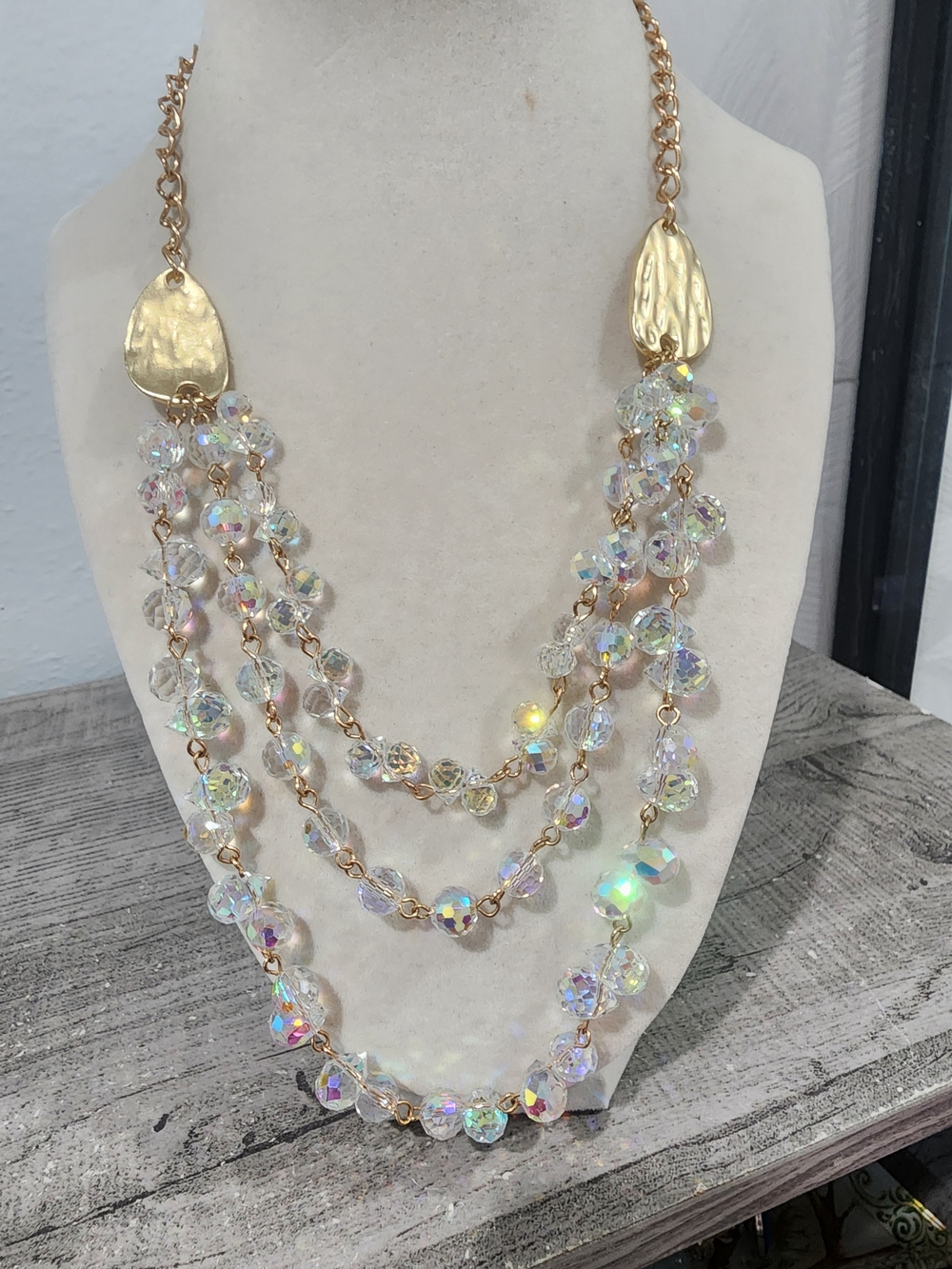 Gold Chain Multi-Strand Aurora Crystal Necklace